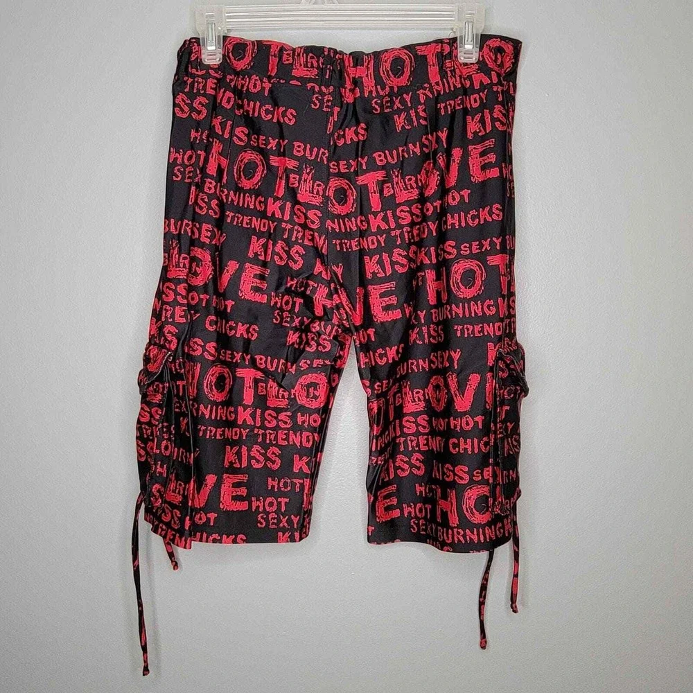 TurboWear Shorts Womens Size M Black Red Stretch Cargo Baggy‎ Dance Hot Kiss y2k - Picture 2 of 9
